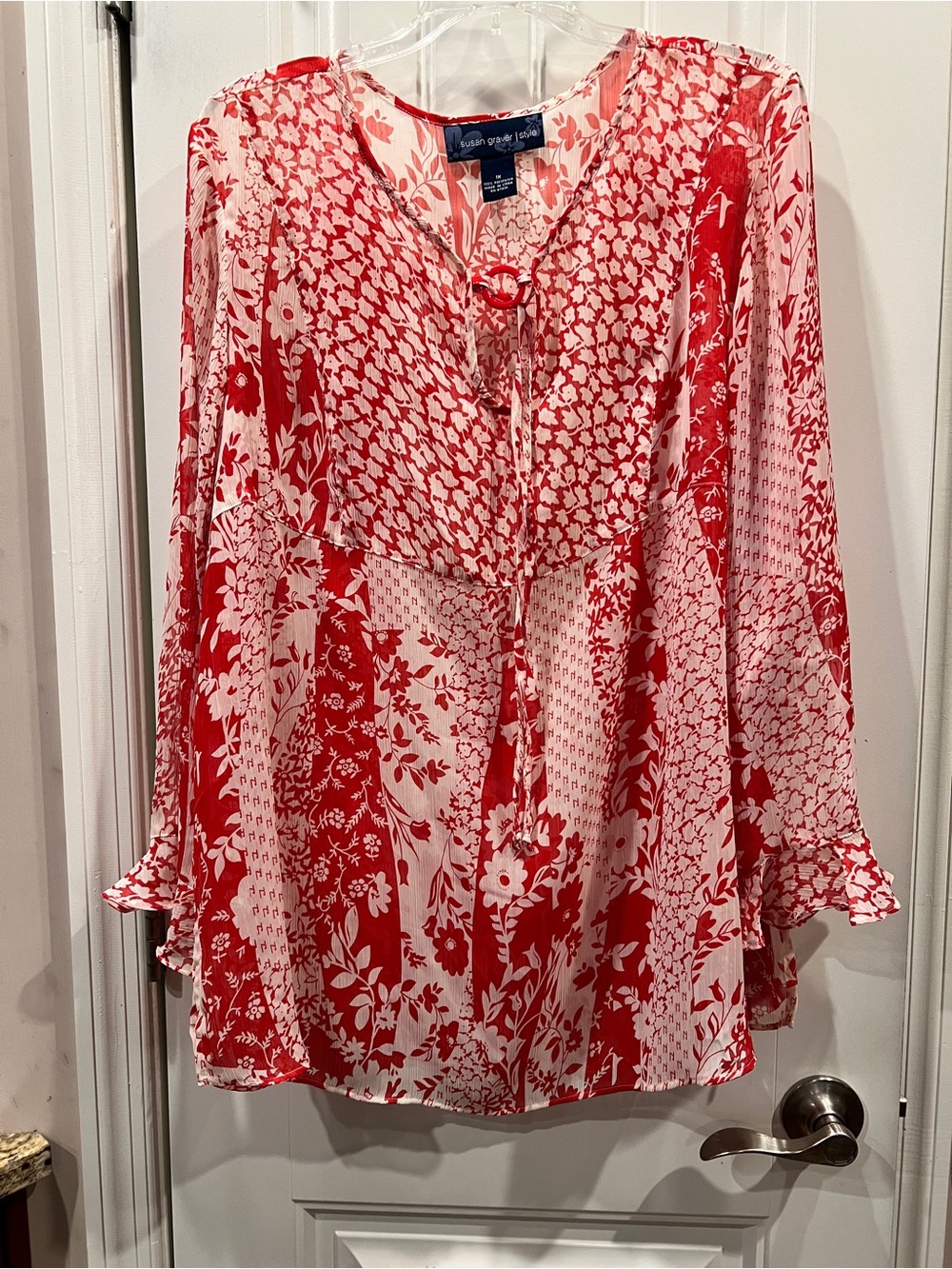 Susan Graver Red & White Floral Tie-Neck Peasant Top Sz 1X